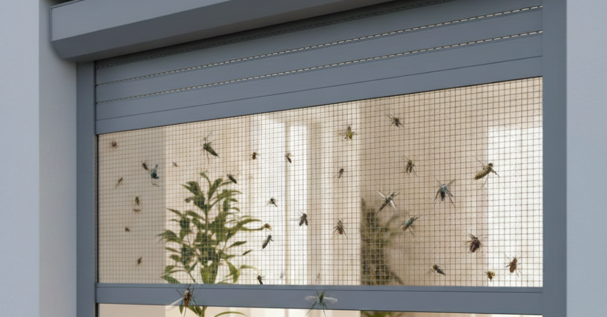 صورة قريبة توضح فعالية شتر مانع للحشرات باللون الرمادي في حجز الحشرات الطائرة ومنع دخولها للمنزل مع السماح بمرور الضوء.