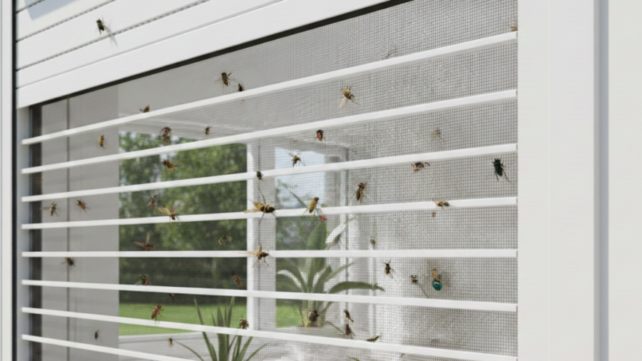 لقطة تفصيلية لشبكة شتر مانع للحشرات الأبيض، تُظهر التصميم المتين الذي يعمل كحاجز قوي ضد الذباب والناموس مع الحفاظ على التهوية.