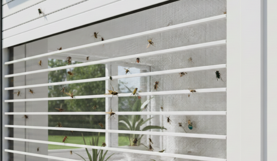 لقطة تفصيلية لشبكة شتر مانع للحشرات الأبيض، تُظهر التصميم المتين الذي يعمل كحاجز قوي ضد الذباب والناموس مع الحفاظ على التهوية.