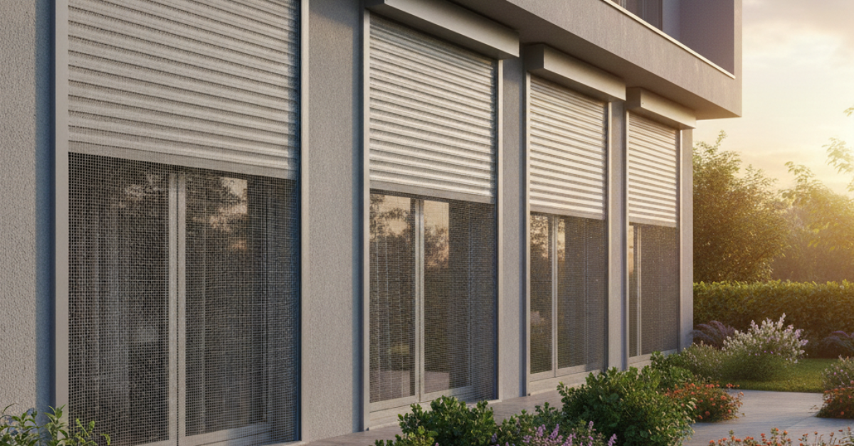 واجهة مبنى حديث تضم عدة نوافذ مثبت عليها شتر مانع للحشرات خارجي بتصميم عصري يوفر الحماية والخصوصية للمنزل.