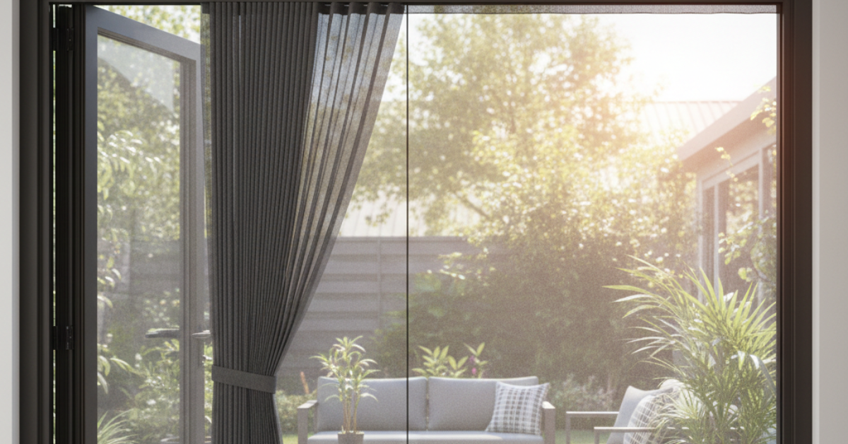مشهد من الداخل لمنزل يطل على حديقة عبر نافذة كبيرة مجهزة بـ شتر ناموس بتصميم طي (Pleated) باللون الرمادي الفاتح، يوفر حماية من الحشرات مع الحفاظ على الرؤية الواضحة والتهوية.