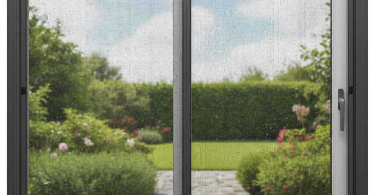 لقطة قريبة توضح تفاصيل شبكة شتر ناموس مثبتة على باب زجاجي منزلق، تظهر جودة المسام الدقيقة التي تمنع دخول البعوض والحشرات الصغيرة إلى الغرفة المطلة على الحديقة.
