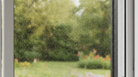 صورة زاوية لنافذة بيضاء حديثة مزودة بـ شتر ناموس سلكي متين، تظهر فيه قطرات المطر الخفيفة على الشبكة، مما يعكس قدرة الشتر على تحمل العوامل الجوية المختلفة.