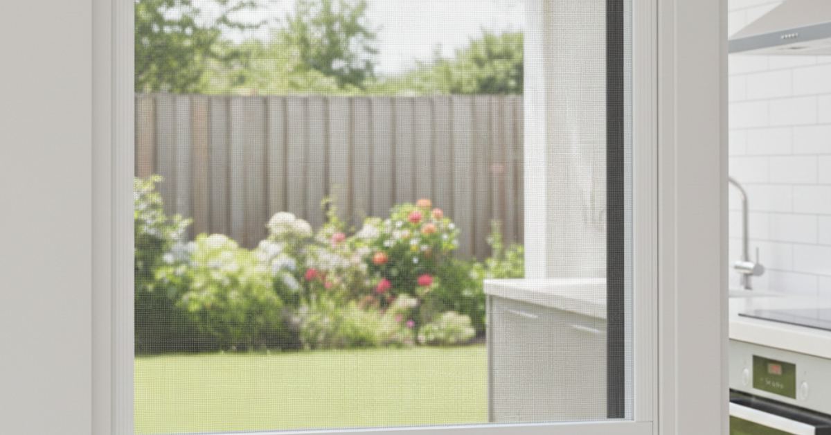 نافذة مطبخ مطلة على مساحة خضراء مغطاة بالكامل بـ شتر ناموس ثابت ومحكم، مصمم لحماية المطبخ من الحشرات الطائرة مع ضمان دخول ضوء الشمس الطبيعي.