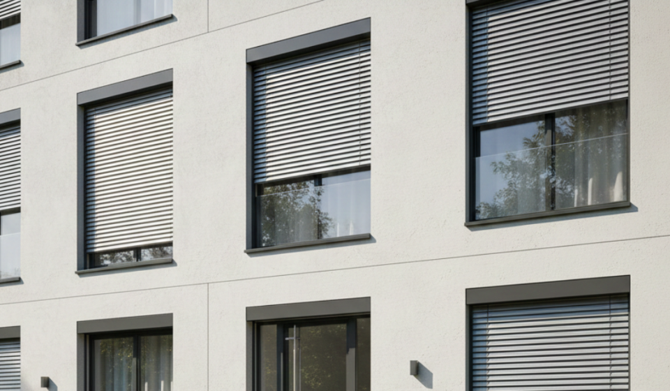واجهة مبنى سكني حديث تظهر فوائد الشترات الألمنيوم في توفير العزل الصوتي والخصوصية للسكان.