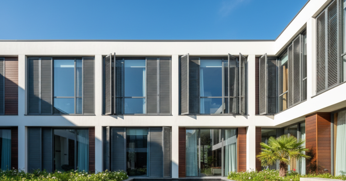 نوافذ زجاجية طويلة مزودة بشفرات متحركة تبرز فوائد الشترات الألمنيوم في التحكم في ضوء الشمس والتهوية.