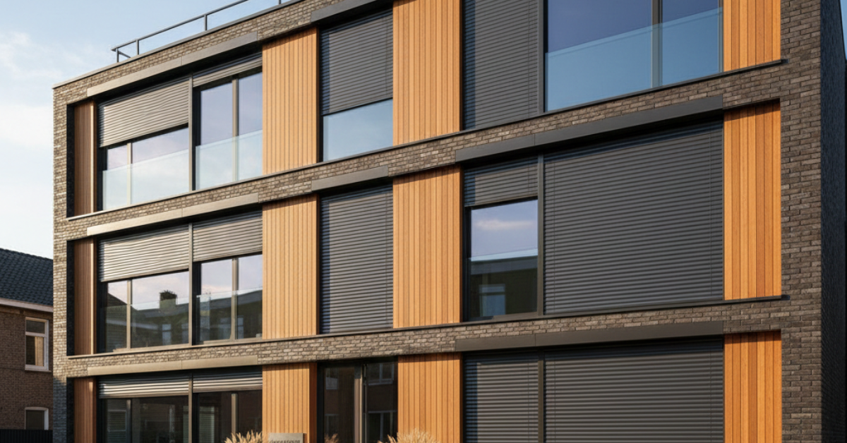 واجهة معمارية فاخرة تجمع بين الخشب والمعدن لإبراز فوائد الشترات الألمنيوم في تعزيز الأمان والمظهر الجمالي.