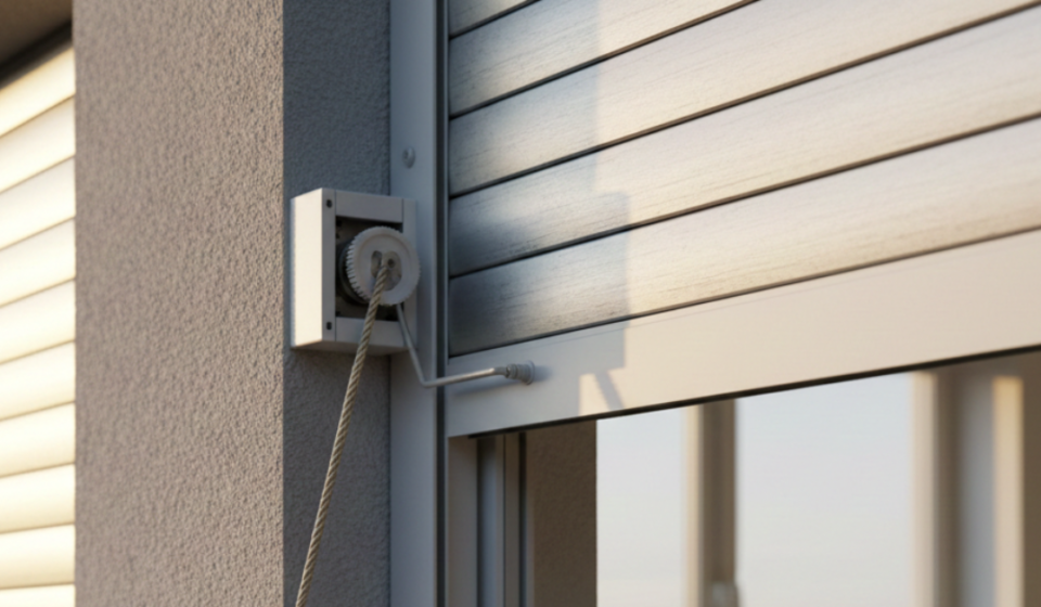 لقطة قريبة لآلية حبل السحب المثبتة بجانب النافذة، وهي توضح إحدى مزايا استخدام الشتر اليدوي من حيث بساطة التصميم وسهولة الصيانة