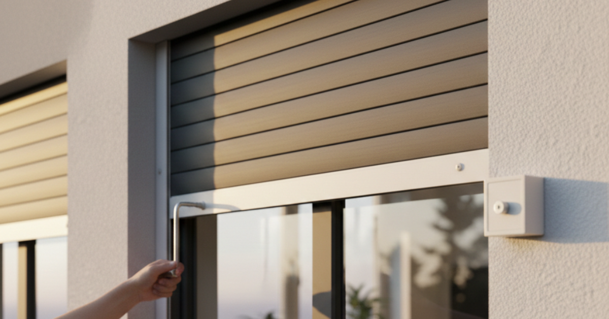 شخص يستخدم مقبض التدوير لضبط مستوى إغلاق الشتر الألمنيوم، في استعراض عملي لأهم مزايا استخدام الشتر اليدوي في توفير الطاقة والخصوصية للمنازل