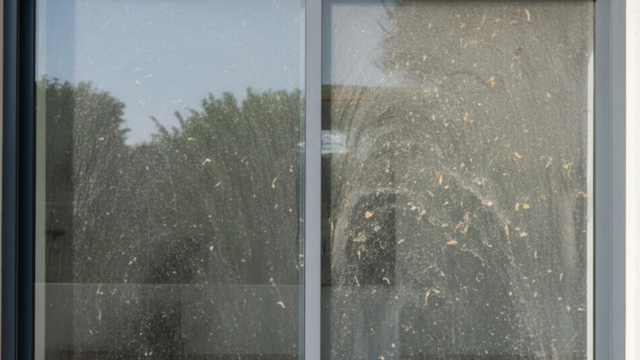 نافذة زجاجية مغطاة بالأتربة والأوساخ توضح الحاجة للبحث حول هل الشتر يمنع الغبار ويحمي النوافذ من العوامل الجوية.