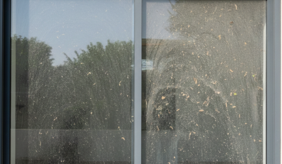 نافذة زجاجية مغطاة بالأتربة والأوساخ توضح الحاجة للبحث حول هل الشتر يمنع الغبار ويحمي النوافذ من العوامل الجوية.