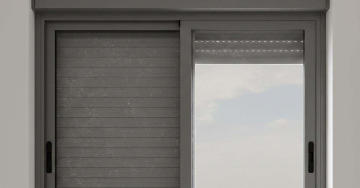 نافذة منزل مزودة بشتر (أباجور) داخلي مغلق جزئياً للإجابة على تساؤل هل الشتر يمنع الغبار المتطاير من الدخول للمنزل.