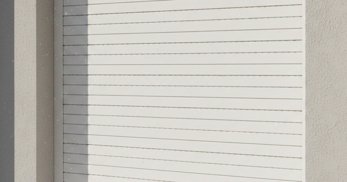 صورة قريبة لشتر ألمنيوم خارجي أبيض مغلق تماماً يوضح كيف أن تركيب هل الشتر يمنع الغبار ويحفظ نظافة الواجهات.