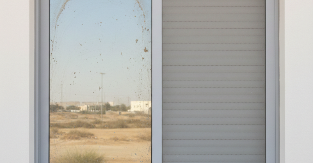مقارنة بين نافذة زجاجية متسخة وأخرى محمية بشتر خارجي نظيف لبيان هل الشتر يمنع الغبار بفعالية في المناطق الصحراوية.