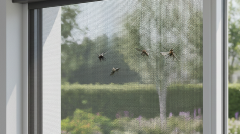 لقطة قريبة لشبك الحماية المدمج مع النوافذ، توضح كيف يعمل النظام للإجابة على سؤال هل الشتر يمنع دخول الحشرات والآفات الصغيرة للمنزل.