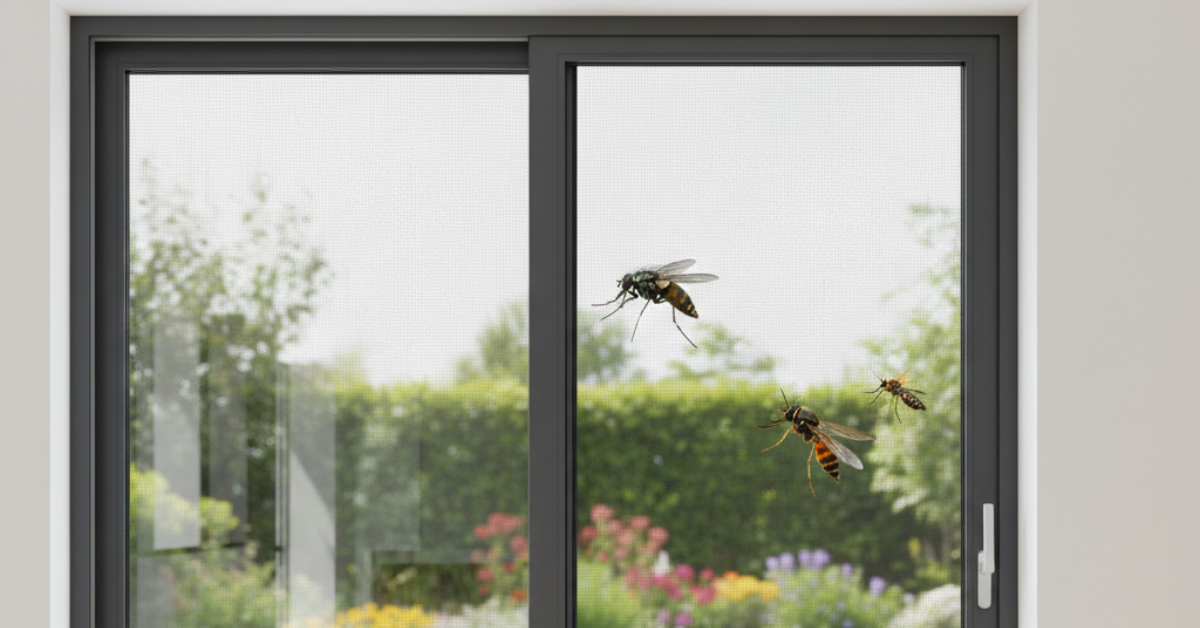 حشرات طائرة تحاول اختراق شبك النافذة بجانب شتر خارجي، مما يطرح تساؤل هل الشتر يمنع دخول الحشرات بفعالية عند إغلاقه بالكامل.