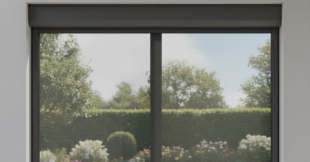 واجهة نافذة كاملة توضح نظام الشتر الخارجي المغلق جزئياً، في إطار استعراض فوائد الخصوصية وما إذا كان هل الشتر يمنع دخول الحشرات والزواحف.