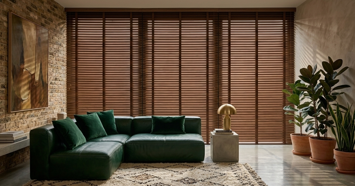 تصميم داخلي لغرفة معيشة بلمسة كلاسيكية تظهر فيها نوافذ مغطاة بنوع من الشتر الأفقي الخشبي البني الداكن، متناسق مع أريكة جلدية خضراء وجدار من الطوب.