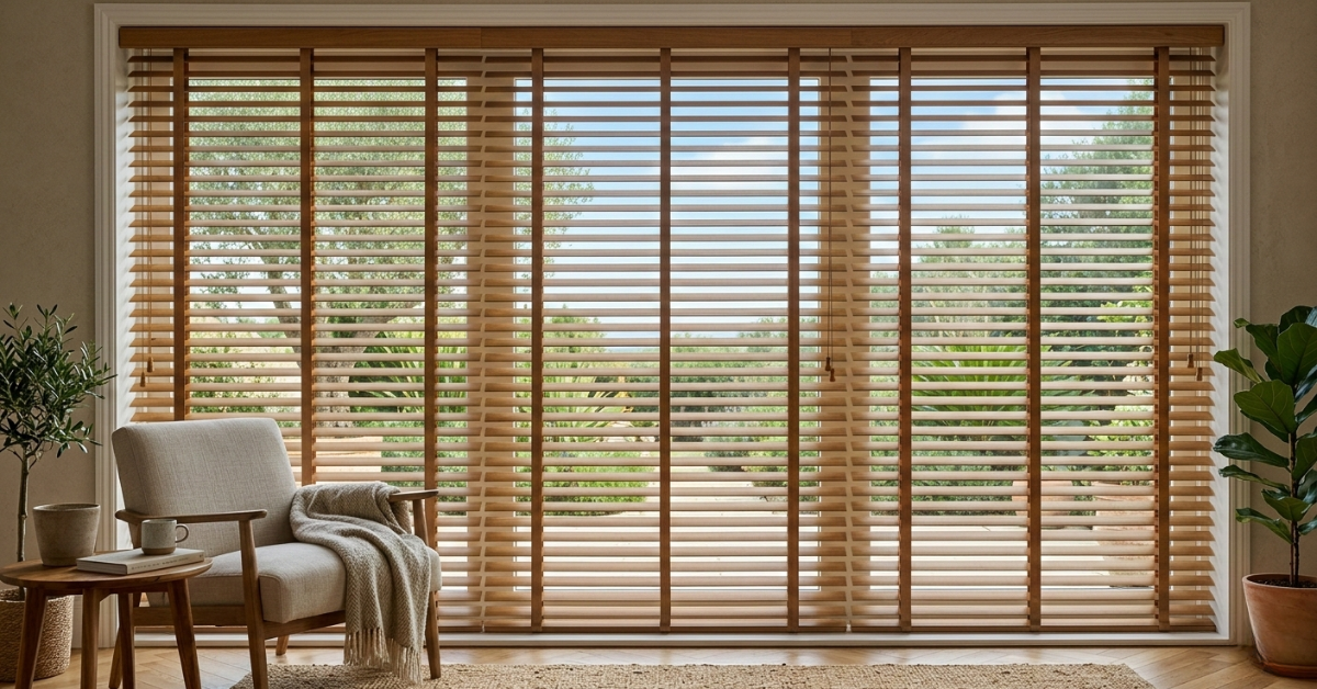 منظر داخلي لشقة عصرية تطل على المدينة، مزودة بستائر الشتر الأفقي المعدنية ذات اللون الفضي، مما يمنح الغرفة مظهراً عملياً وأنيقاً.