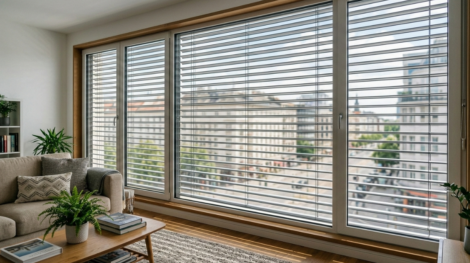 نافذة واسعة مطلة على حديقة مغطاة بتركيبات الشتر الأفقي الخشبي الفاتح، تسمح بمرور الضوء الطبيعي بشكل انسيابي في غرفة جلوس هادئة.