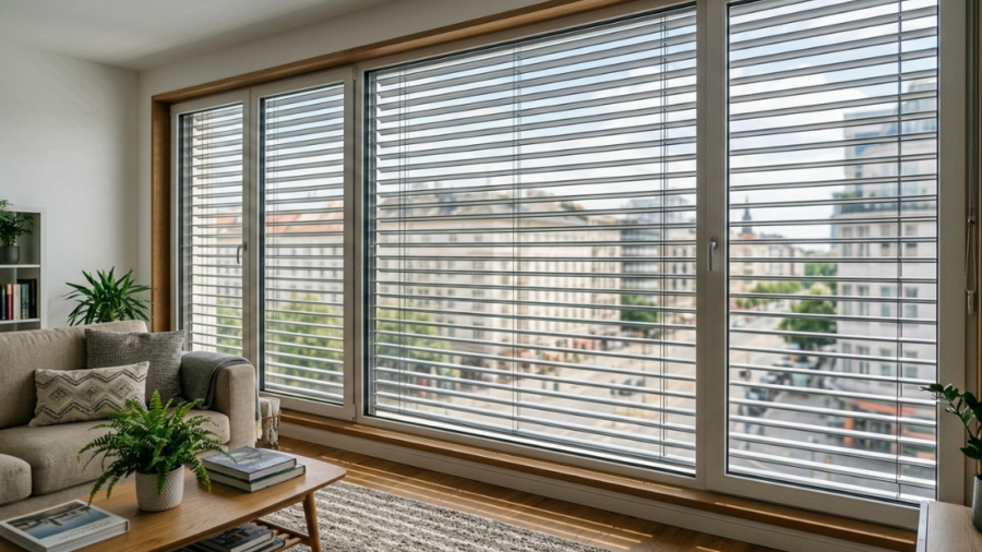 نافذة واسعة مطلة على حديقة مغطاة بتركيبات الشتر الأفقي الخشبي الفاتح، تسمح بمرور الضوء الطبيعي بشكل انسيابي في غرفة جلوس هادئة.