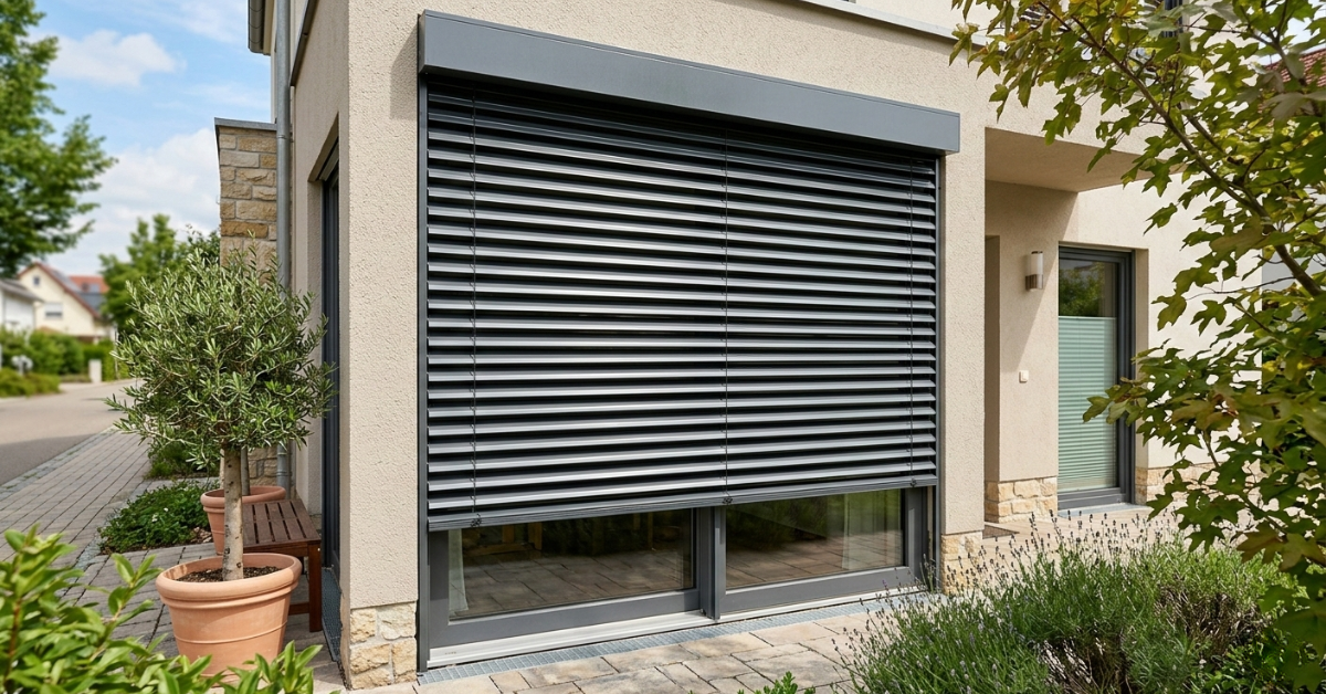 نظام الشتر الأفقي الخارجي باللون الرمادي الغامق مثبت على نافذة زجاجية كبيرة لمنزل عصري، يوفر حماية من الشمس وخصوصية تامة.