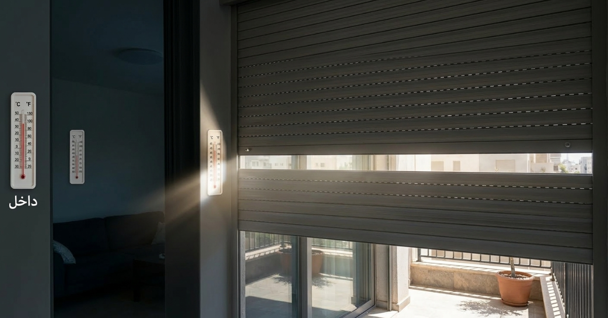 نظام شتر النوافذ في وضعية الإغلاق الجزئي، يبرز كيف الشتر يعزل الحرارة ويحجب أشعة الشمس المباشرة عن غرفة المعيشة لتوفير بيئة مريحة.