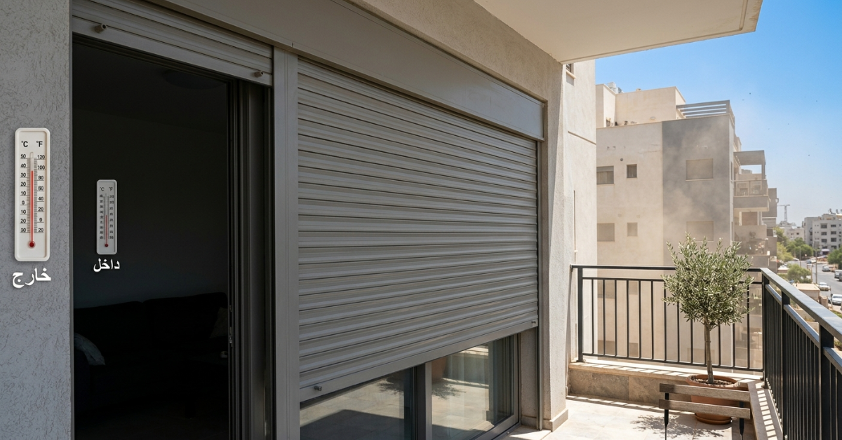 صورة توضح مقارنة بين درجات الحرارة داخل وخارج المنزل، حيث يظهر الشتر يعزل الحرارة بفعالية عند إغلاقه على شرفة الشقة.