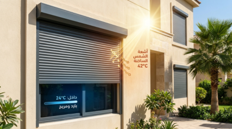 واجهة منزل حديث توضح كيف الشتر يعزل الحرارة الخارجية التي تصل إلى 42 درجة مئوية، مما يحافظ على برودة الغرف عند 24 درجة مئوية.