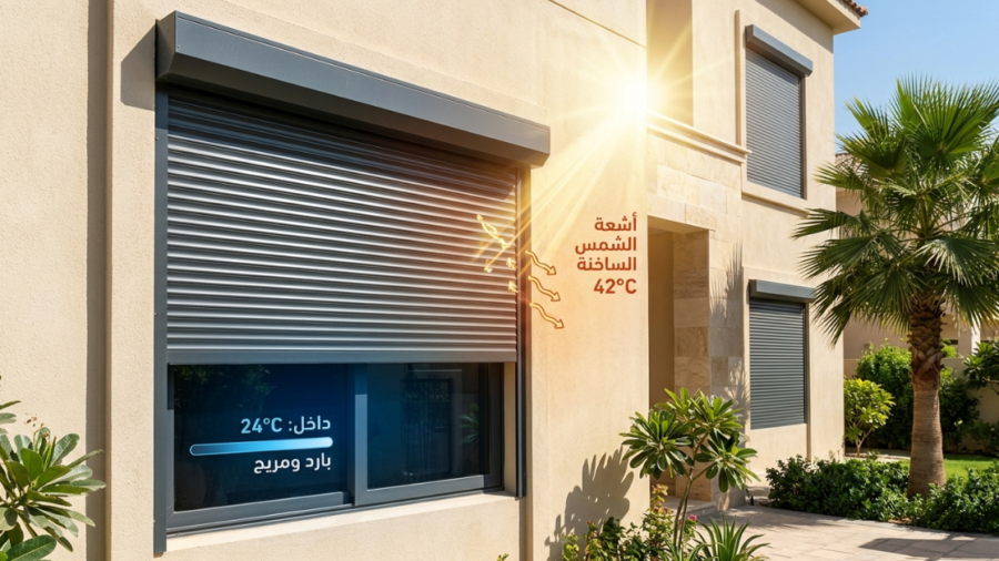 واجهة منزل حديث توضح كيف الشتر يعزل الحرارة الخارجية التي تصل إلى 42 درجة مئوية، مما يحافظ على برودة الغرف عند 24 درجة مئوية.