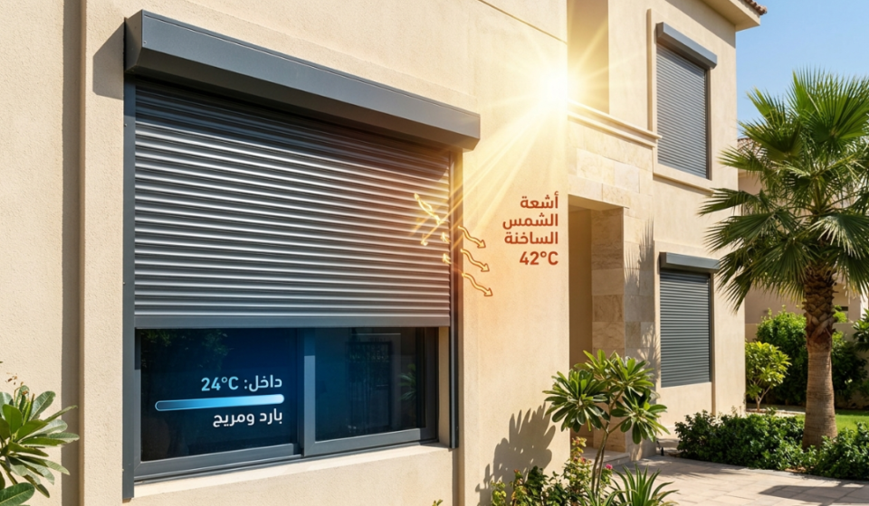 واجهة منزل حديث توضح كيف الشتر يعزل الحرارة الخارجية التي تصل إلى 42 درجة مئوية، مما يحافظ على برودة الغرف عند 24 درجة مئوية.