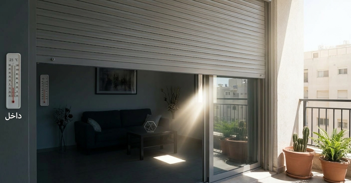 لقطة داخلية لغرفة مظللة بفضل الستائر المعدنية، توضح أن الشتر يعزل الحرارة ويقلل من استهلاك التكييف عبر منع تسرب الأشعة الحارة عبر الزجاج.