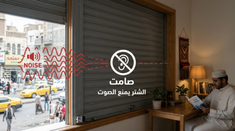 رسم توضيحي يظهر موجات الضوضاء القادمة من الشارع وهي تتوقف عند النافذة، حيث أن الشتر يمنع الصوت بفاعلية، مما يتيح لرجل يرتدي زيّاً تقليدياً القراءة بتركيز وهدوء تام.