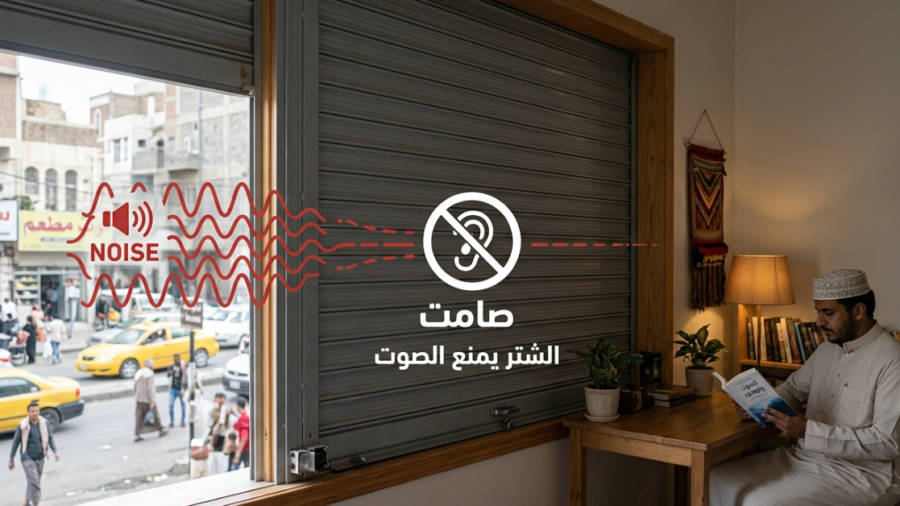 رسم توضيحي يظهر موجات الضوضاء القادمة من الشارع وهي تتوقف عند النافذة، حيث أن الشتر يمنع الصوت بفاعلية، مما يتيح لرجل يرتدي زيّاً تقليدياً القراءة بتركيز وهدوء تام.