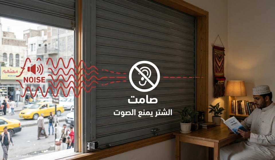 رسم توضيحي يظهر موجات الضوضاء القادمة من الشارع وهي تتوقف عند النافذة، حيث أن الشتر يمنع الصوت بفاعلية، مما يتيح لرجل يرتدي زيّاً تقليدياً القراءة بتركيز وهدوء تام.