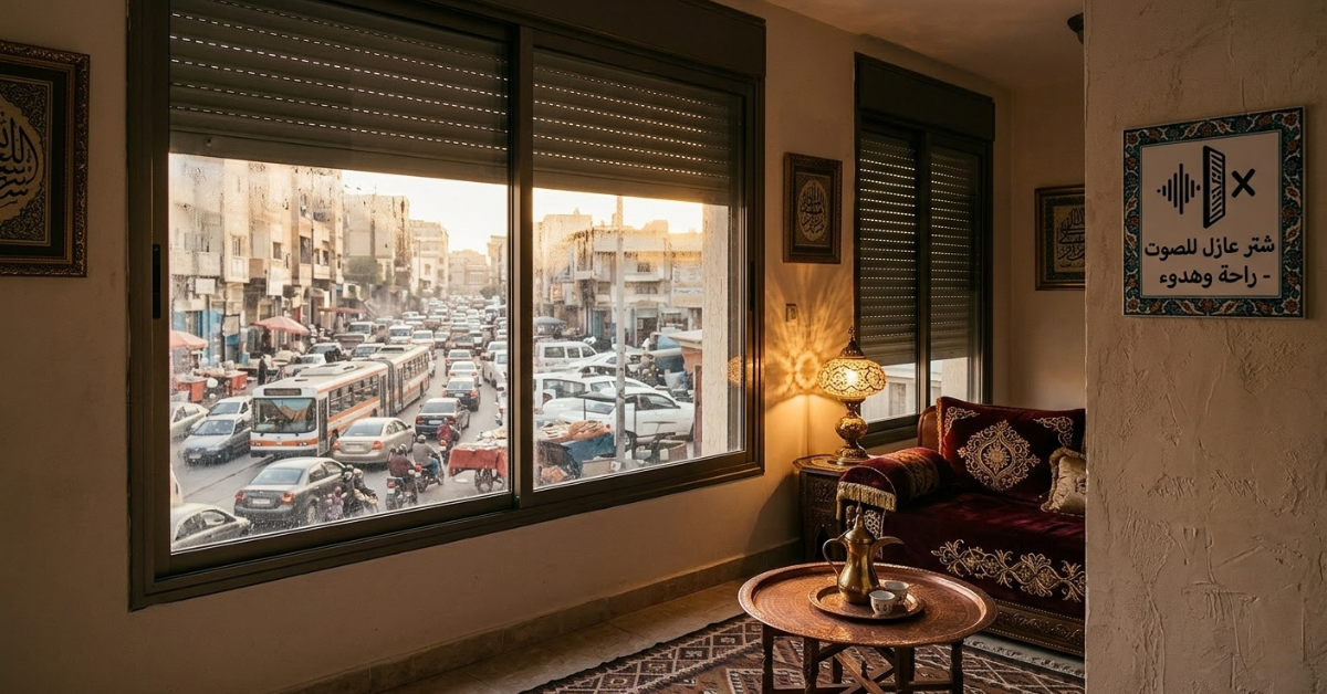 نافذة كبيرة تطل على شارع مزدحم بالسيارات والحافلات، يظهر فيها الشتر يمنع الصوت والضجيج الخارجي ليوفر جلسة هادئة ومريحة داخل غرفة معيشة بتصميم عربي دافئ.