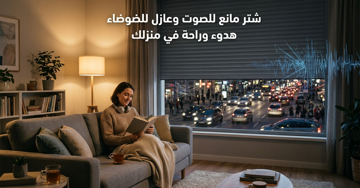سيدة تجلس براحة على الأريكة تقرأ كتاباً في المساء، بينما يظهر في الخلفية شتر مغلق جزئياً يطل على زحام مروري، مع عبارة توضح أن الشتر يمنع الصوت وعازل للضوضاء لراحة منزلك.