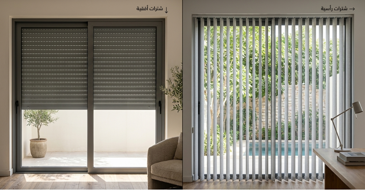 تصميم داخلي يستعرض الفرق بين الشتر الأفقي والرأسي والتحكم في الإضاءة لنوافذ كبيرة.