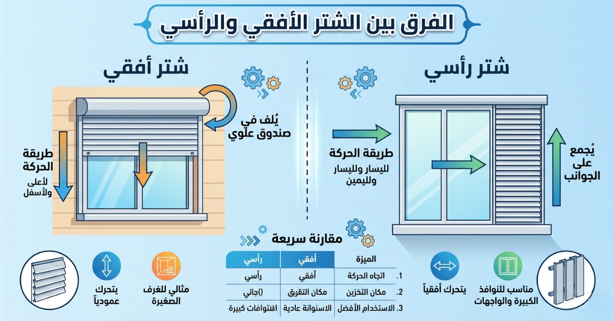 إنفوجرافيك يوضح الفرق بين الشتر الأفقي والرأسي من حيث اتجاه الحركة ومكان التخزين.
