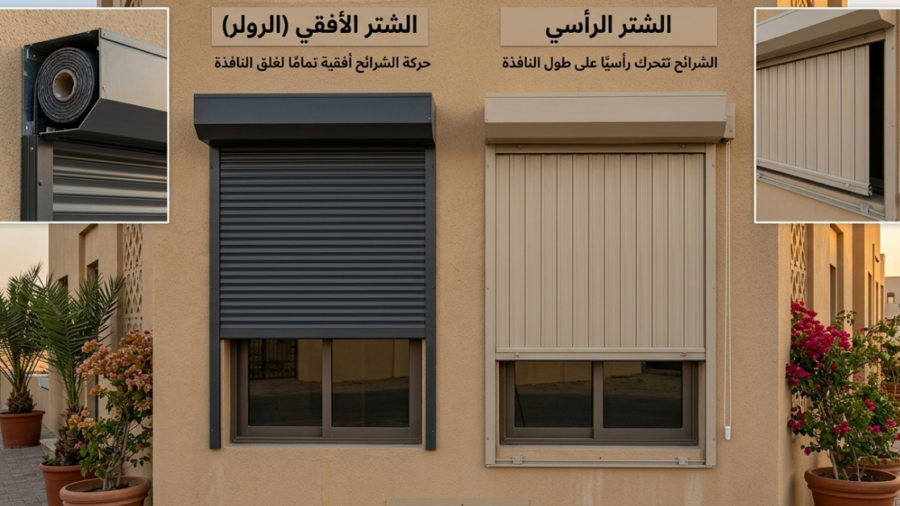مقارنة خارجية توضح الفرق بين الشتر الأفقي والرأسي وآلية عمل كل منهما على النوافذ.