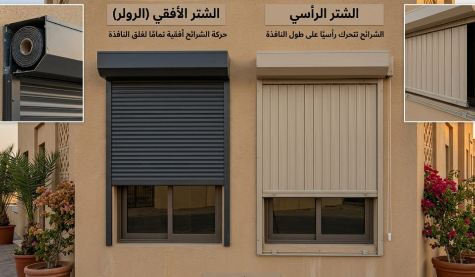 مقارنة خارجية توضح الفرق بين الشتر الأفقي والرأسي وآلية عمل كل منهما على النوافذ.