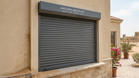 نافذة منزل حديث مجهزة بـ شتر ألمنيوم مقاوم للغبار بلون رمادي داكن يوفر عزلاً متكاملاً وحماية قصوى من الأتربة.