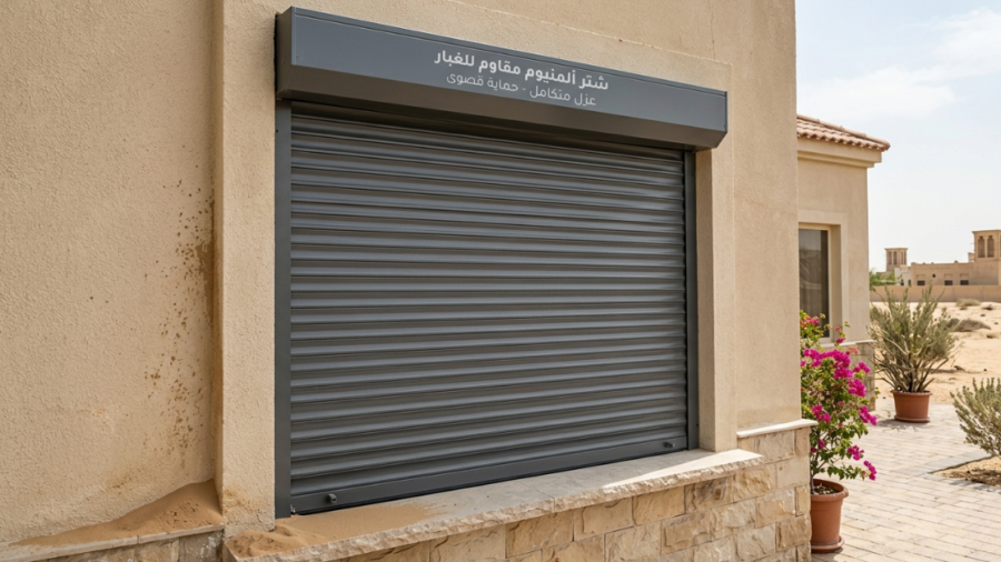 نافذة منزل حديث مجهزة بـ شتر ألمنيوم مقاوم للغبار بلون رمادي داكن يوفر عزلاً متكاملاً وحماية قصوى من الأتربة.