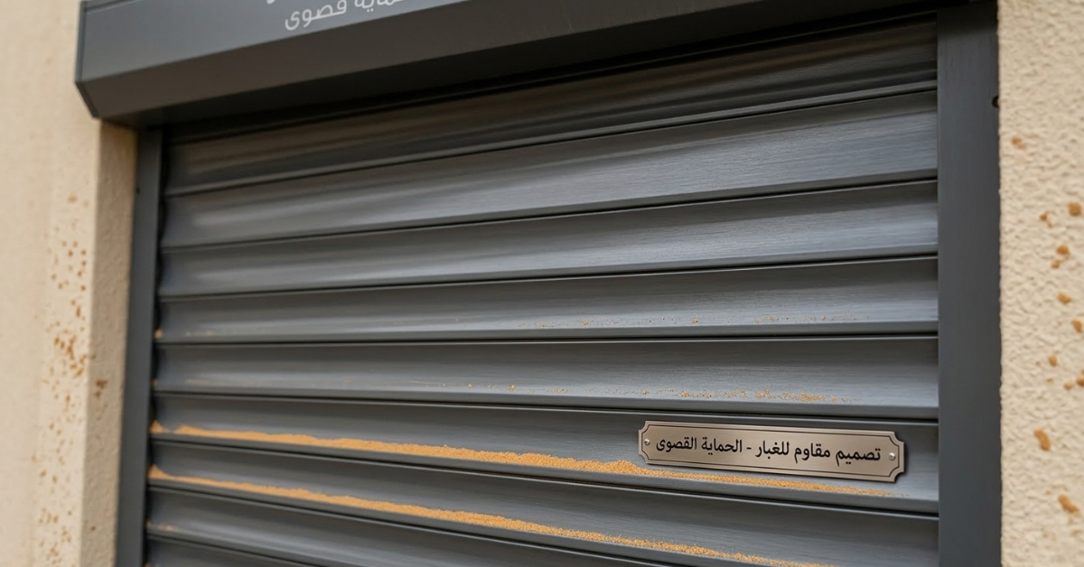 لقطة قريبة توضح فعالية تصميم شتر ألمنيوم مقاوم للغبار في منع تسرب الرمال الناعمة إلى الداخل بفضل الفواصل المحكمة.