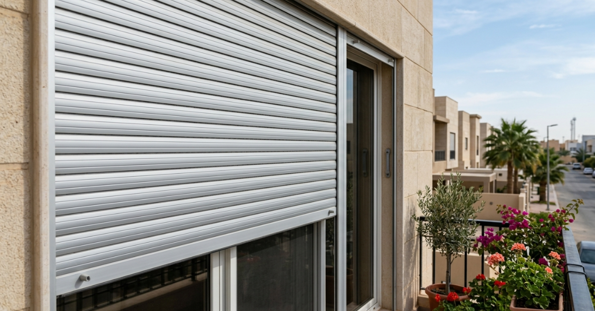 تركيب شتر ألمنيوم مقاوم للغبار على شرفة منزل في منطقة سكنية، يظهر باللون الفضي اللامع لحماية النوافذ من العوامل الجوية.