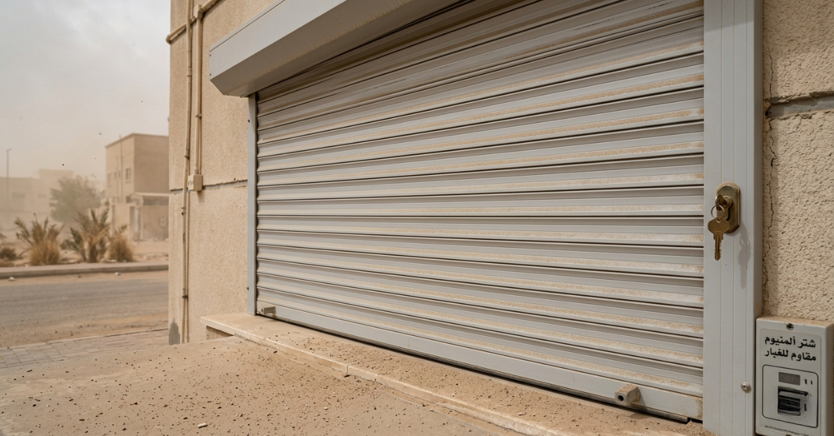 شتر ألمنيوم مقاوم للغبار يعمل بمحرك كهربائي، مثبت على نافذة خارجية لمبنى في بيئة صحراوية عاصفة لضمان نظافة المنزل.