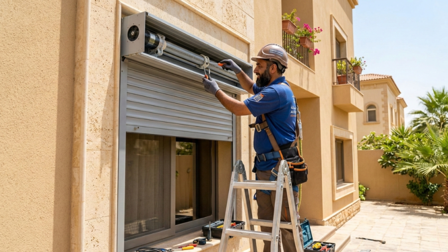 مهندس صيانة يفحص المحرك الداخلي وصندوق التروس أثناء عملية صيانة الشتر في الصيف لضمان كفاءة التشغيل في الأجواء الحارة.