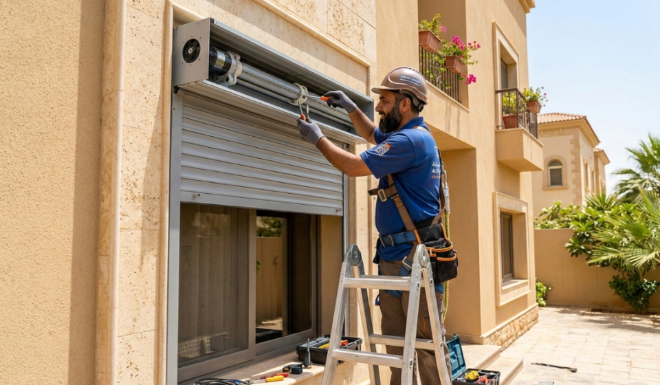 مهندس صيانة يفحص المحرك الداخلي وصندوق التروس أثناء عملية صيانة الشتر في الصيف لضمان كفاءة التشغيل في الأجواء الحارة.