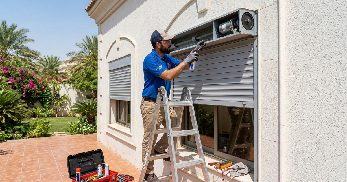 فني يستخدم بخاخات التشحيم الخاصة لتليين الأجزاء المتحركة للنافذة خلال أعمال صيانة الشتر في الصيف الدورية.