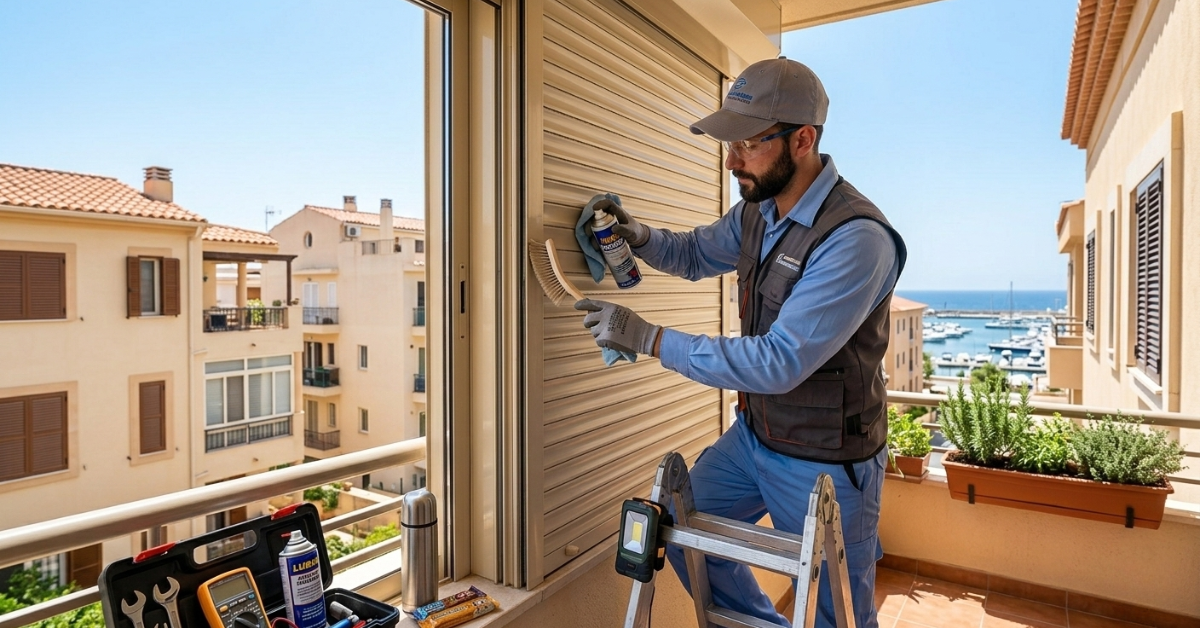 فني متخصص يقوم بتنظيف وتزييت شرائح النافذة ضمن خدمات صيانة الشتر في الصيف لحمايتها من الغبار والحرارة.